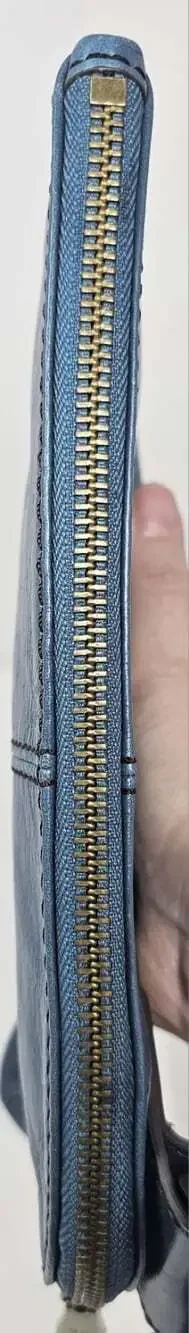 HOBO Sable Clutch Leather Wristlet Blue Circular Handle Brass Tone Hardware